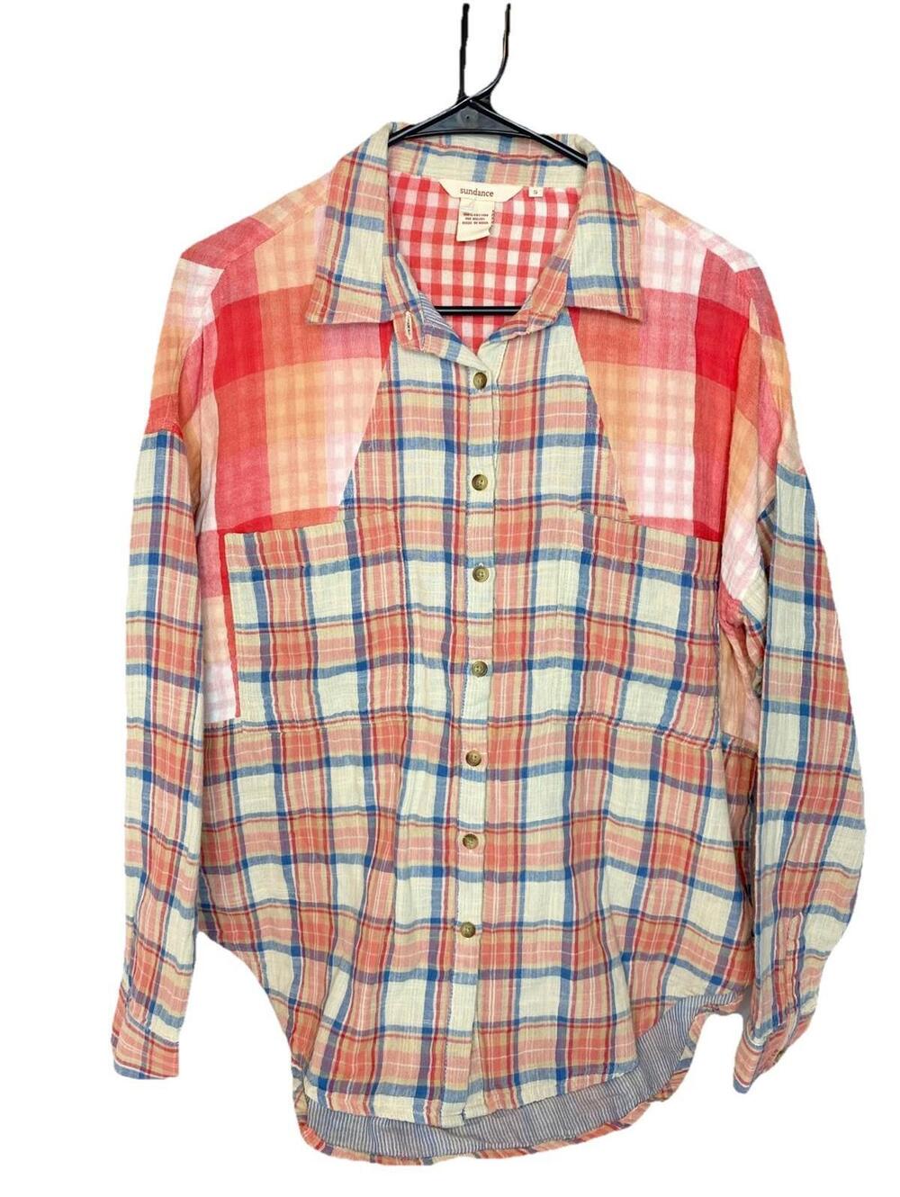 Sundance Women Cotton Red Blue Plaid Button Down Shirt Long Sleeve Oversized S